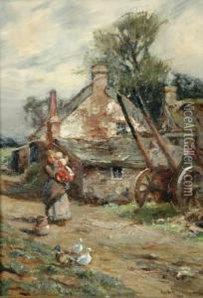 Mother And Child With Ducks Before A Cottage Oil Painting - William Bradley Lamond
