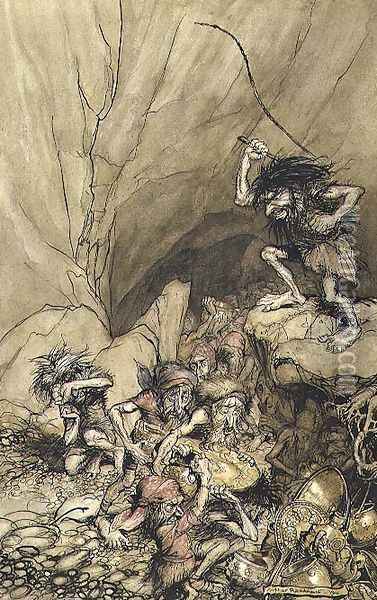 Alberich drives in a band of Nibelungs laden with gold and silver treasure, an illustration from The Rheingold and the Valkyrie by Richard Wagner 1813-83 pub. 1910 Oil Painting - Arthur Rackham