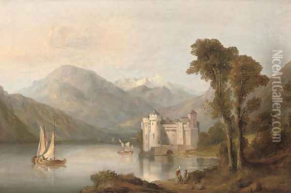 Figures resting beside an alpine lake, a castle beyond Oil Painting - George Clarkson Stanfield