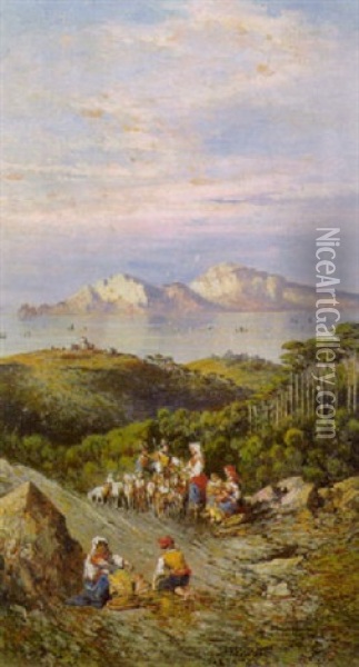 Pastori A Sorrento Con Capri Sullo Sfondo Oil Painting - Consalvo Carelli