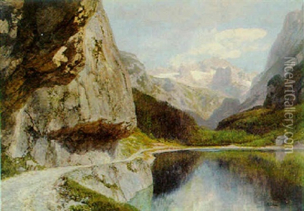 Gosausee Mit Dachstein Und Letzter Felsensprengung Oil Painting - Konrad Petrides
