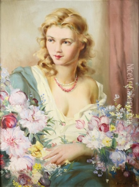 Woman With Flowers Oil Painting - Marcel Krasicky