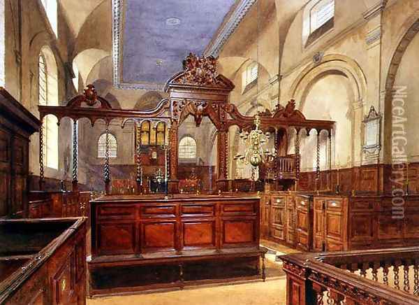 All Hallows The Great, Thames Street, Interior, 1884 Oil Painting - John Crowther