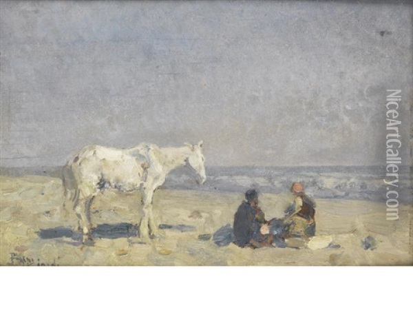 Figures And A Horse On The Beach Oil Painting - Beppe Ciardi