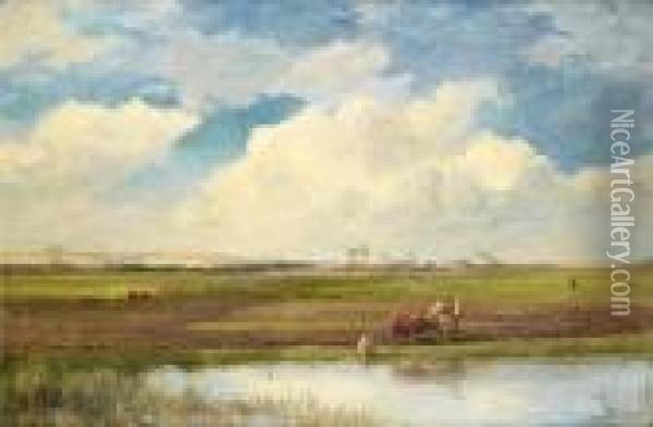 Camel And Cattle In Field Oil Painting - David Bates