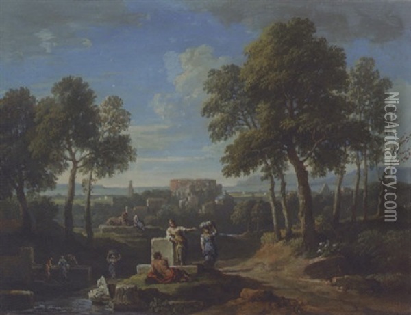 A Classical Landscape With Figures By Ruins Oil Painting - Jan Frans van Bloemen