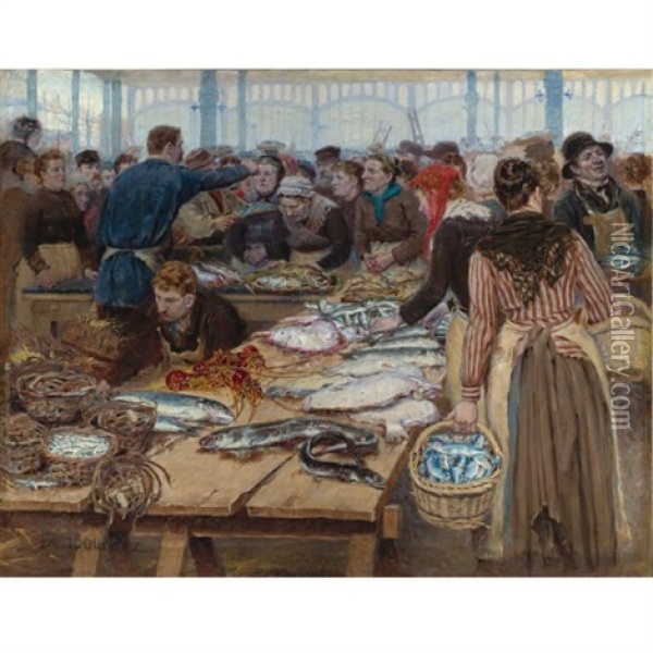 Les Halles, Criee Au Poisson - Fish Auction At Les Halles Oil Painting - Edouard-Jean Dambourgez