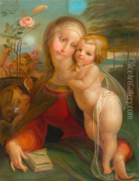Madonna And Child Before A Landscape Encircled By Angels Oil Painting - Franz Anton Stecher