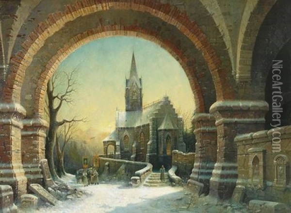 Blick Durch Machtigen Torbogen Auf Verschneite Winterlandschaft Oil Painting - Albert Bredow