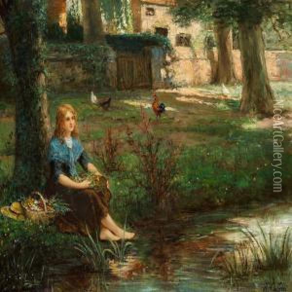Young Girl Taking A Rest On The Border Of A Lake Oil Painting - Hector Caffieri