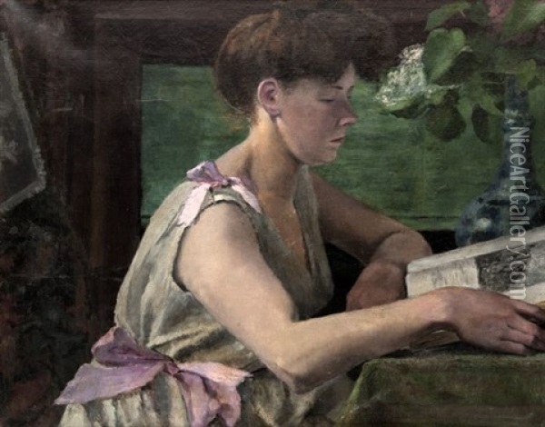 Jeune Femme Lisant Oil Painting - Evariste Vital Luminais