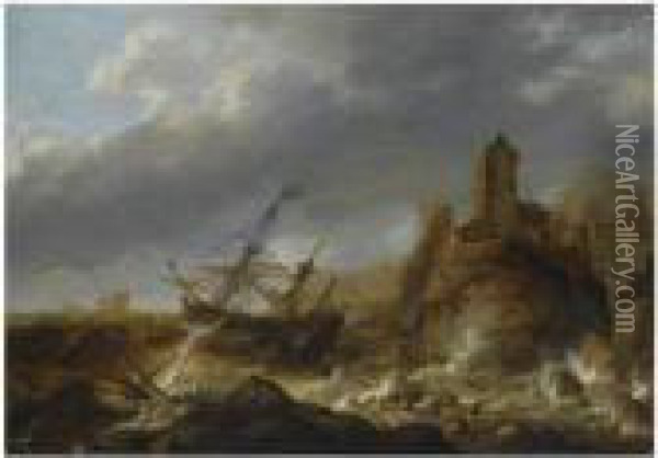 Ships In A Heavy Storm Along A 
Rocky Coast, Near A Fortifiedtown, Shipwrecked Figures In The Foreground Oil Painting - Jan Abrahamsz. Beerstraaten