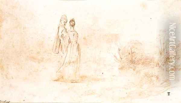 An elegant couple walking in an extensive landscape Oil Painting - Jean-Antoine Watteau