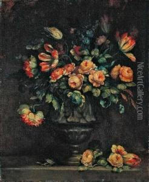 Blumenstillleben Mit Rosen, Nelken, Tulpen, Rittersporn Und Anderen Blumen. Oil Painting - Margherita Caffi