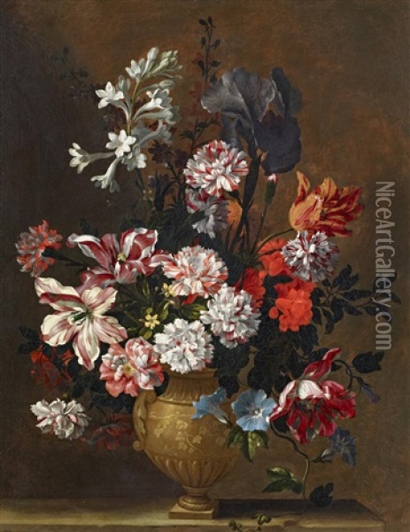 Blumenstillleben In Einer Steinzeugvase Oil Painting - Jean-Baptiste Monnoyer