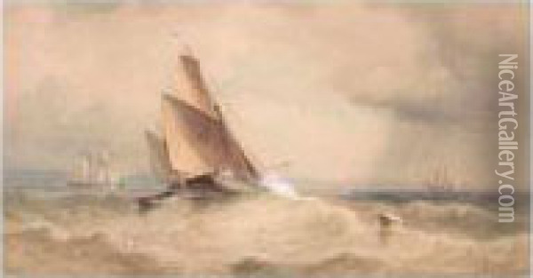 Sailing Boat In Stormy Seas Oil Painting - James Harris of Swansea