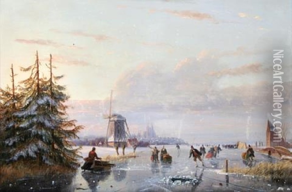 Dutch Winter Scene With Figures Skating Oil Painting - Nicolaas Johannes Roosenboom
