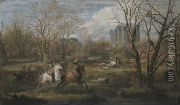 Noblemen Hunting In The Woodland Of A Country Estate Oil Painting - Adam Frans van der Meulen