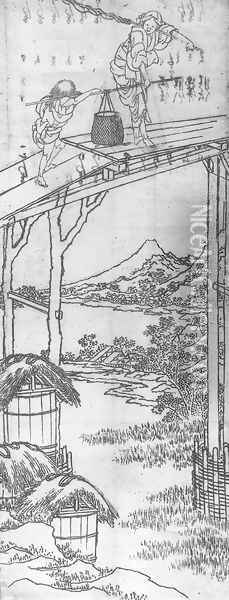 Woman and a Boy Crossing a Bridge Oil Painting - Katsushika Hokusai