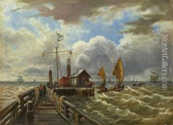 Marine Mit Pier Undschiffen Im Sturm Oil Painting - Karl, Freiherr Von Hafften