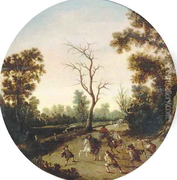 A wooded landscape with an ambush, a horse-drawn cart beyond 2 Oil Painting - Esaias Van De Velde