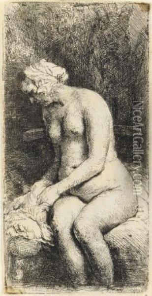 Woman Bathing Her Feet At A Brook (b., Holl. 200; H. 298) Oil Painting - Rembrandt Van Rijn