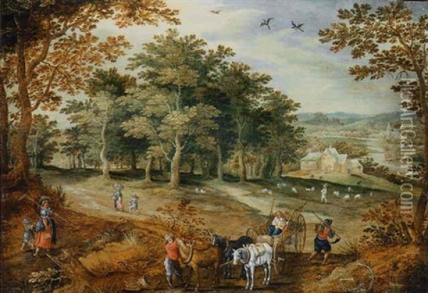 A Wooded Landscape With Travellers And A Cart Oil Painting - Marten Ryckaert