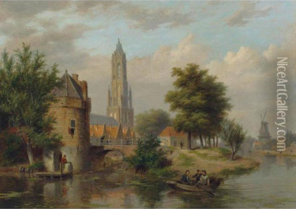 View Of A Riverside Dutch Town Oil Painting - Bartholomeus J. Van Hove