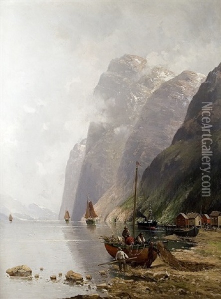 Fishermen At The Fjord Oil Painting - Adolf Kaufmann