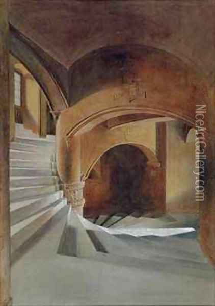 The Staircase in Fyvie Castle Oil Painting - James William Giles
