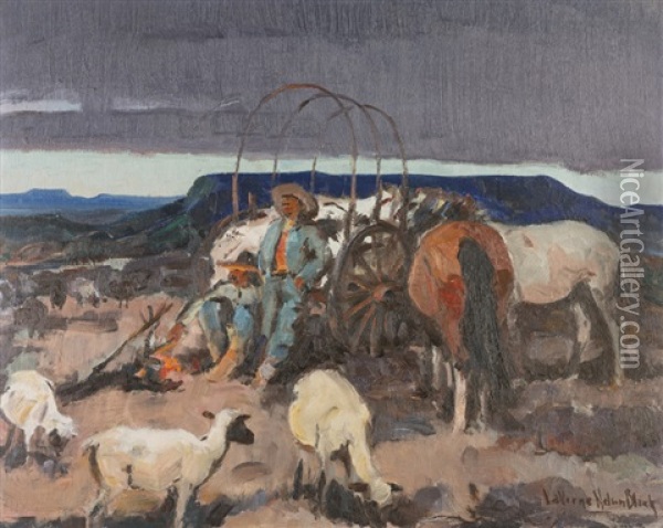 Sheepherders Resting Against A Wagon With Sheep And Horses Oil Painting - Laverne Nelson Black