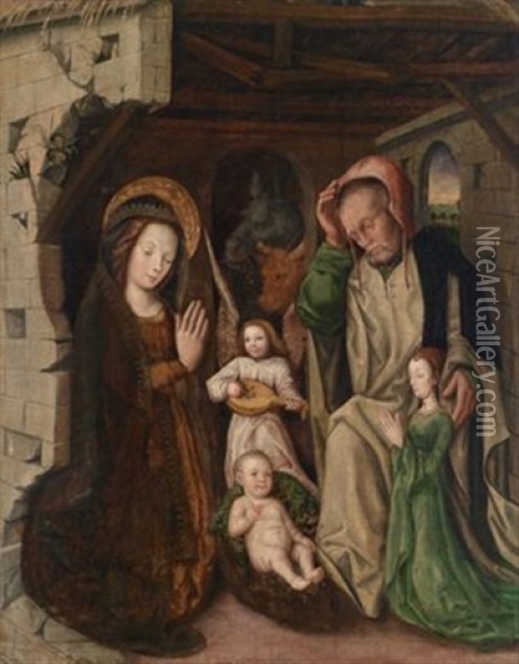 Die Geburt Christi Oder Die Heilige Nacht, Rechts Unten Die Stifterin In Grunem Kleid Oil Painting - Ludovico Brea