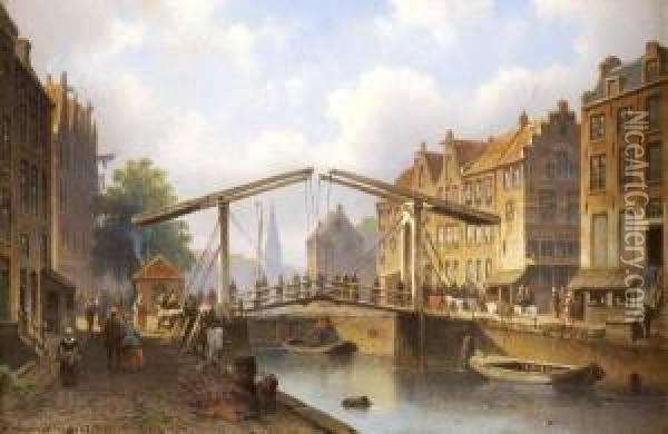 Drawbridge With Figures Over Dutch Canal Oil Painting - Eduard Alexander Hilverdink