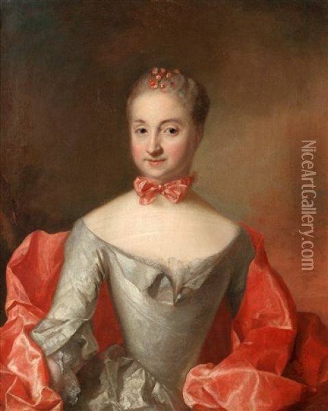 Portratt Av Dam I Rosa Klanning Och Halsrosett Oil Painting - Johann Henrik Scheffel