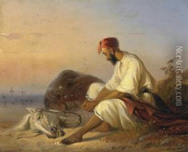 Arab With His Horse Oil Painting - Raden Sjarief B. Saleh