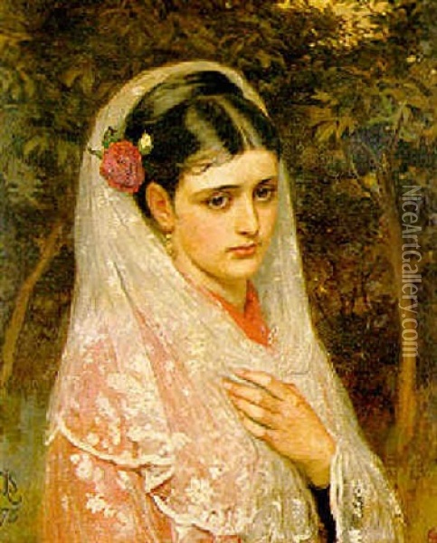 Girl With A White Lace Scarf And Roses In Her Hair Oil Painting - Charles Sillem Lidderdale
