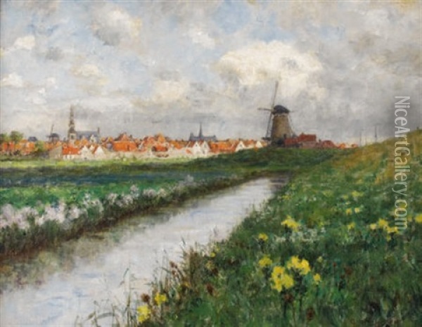Dutch Landscape: Windmill And Daffodils Oil Painting - George Hitchcock