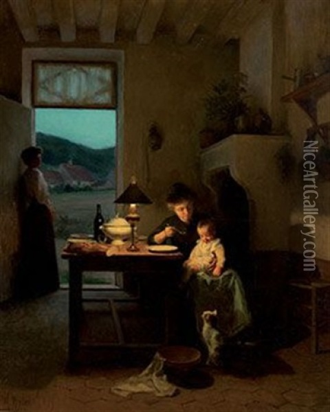 Le Repas Du Bebe Sous La Lampe Oil Painting - Marcel Rieder