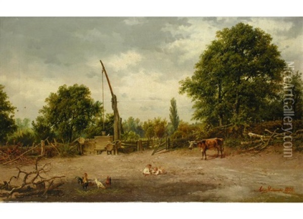 Landschaft Mit Ziehbrunnen, Kuhen Und Spielenden Kindern Oil Painting - Viktor Adam Malinovsky