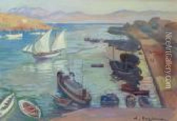 A View Of A Port Oil Painting - Lykourgos Lic Kogevinas /