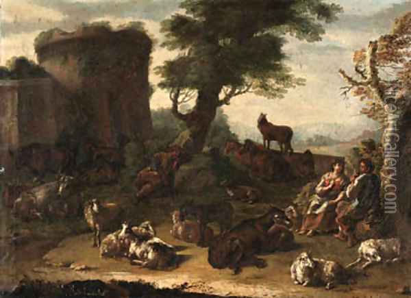 Cows, sheep, and other farm animals resting in a landscape, with a courting couple and a sleeping shepherd, a ruin beyond Oil Painting - Domenico Brandi