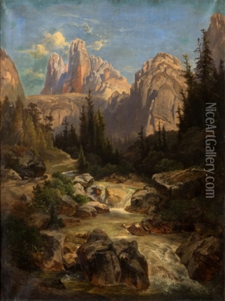 Cours D'eau Dans Un Paysage De Montagne Oil Painting - Anton Hansch