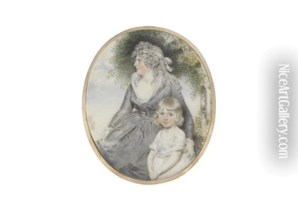 A Mother And Child Standing Before A Landscape: The Former, Wearing Grey Dress Over White Chemise, Her Curled And Powdered Hair Secured With A White Bandeau; The Latter Oil Painting - John Downman