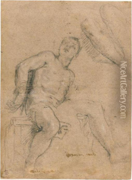 A Seated Nude Young Man, Looking
 Upwards And Seen From Below, And A Detail Of The Legs Of Another Figure Oil Painting - Paolo Veronese (Caliari)