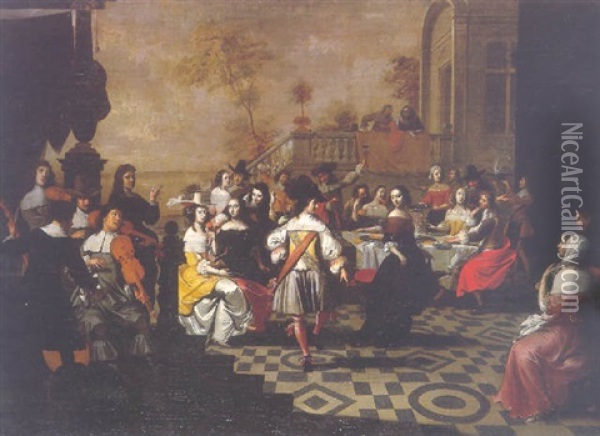 Couple De Danseurs Devant Un Banquet Dans Un Palais Baroque Oil Painting - Hieronymous (Den Danser) Janssens