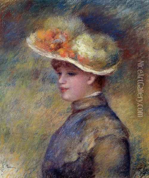 Young Woman Wearing A Hat Oil Painting - Pierre Auguste Renoir
