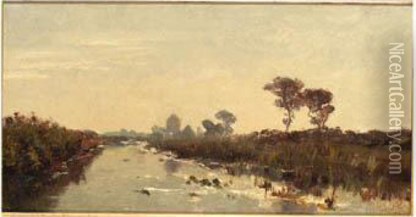 A River In A Polder Landscape Oil Painting - Paul Joseph Constantine Gabriel