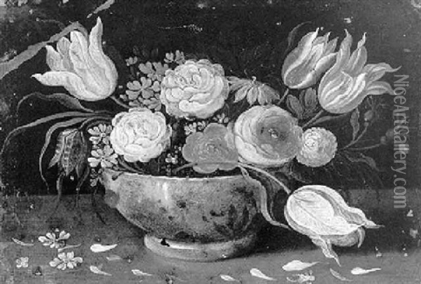 Bouquet Of Flowers In A Porcelain Bowl On A Table Oil Painting - Jan van Kessel the Elder