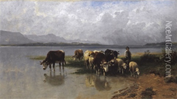 Kuhe Und Schafe Am Chiemsee Oil Painting - Christian Friedrich Mali