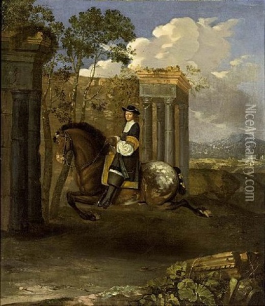 An Equestrian Portrait Of A Gentleman, Aged 55, Riding A Bay Horse, In The Position Of The Levade, Before Classical Ruins In An Italianate Landscape Oil Painting - Barend Graat